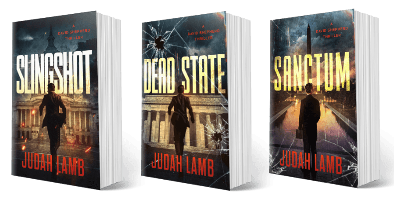 Slingshot, Dead State, and Sanctum paperback covers — The David Shepherd Series
